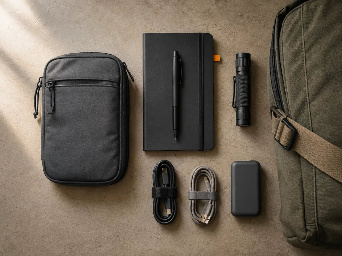 Compact everyday carry items arranged in an organized pouch