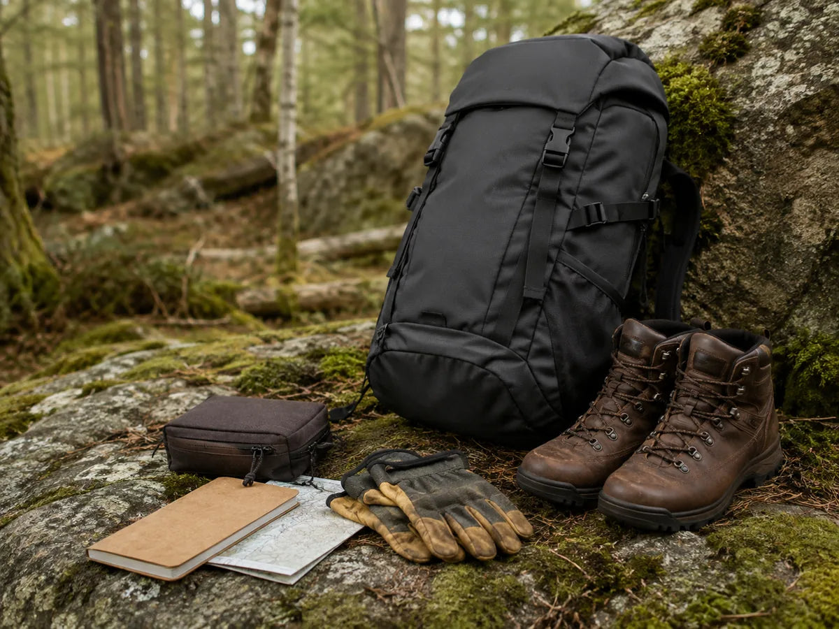 Weather-ready utility gear arranged on a natural field surface