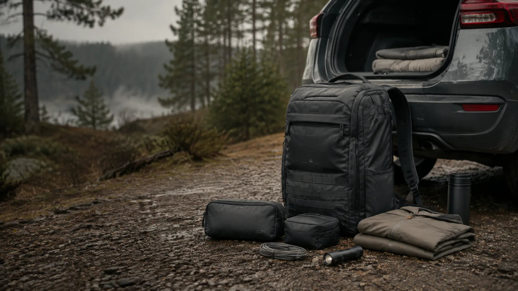 Field utility gear arranged beside a vehicle in a muted outdoor landscape