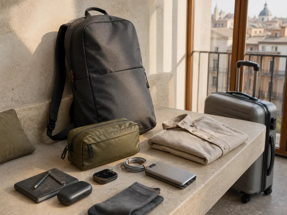 Travel technology and compact gear organized inside a bag
