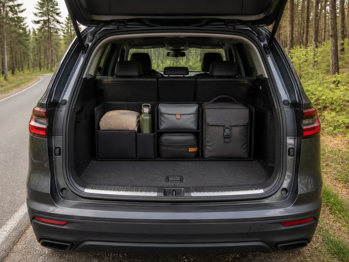 Vehicle utility kit organized in the rear cargo area of a car